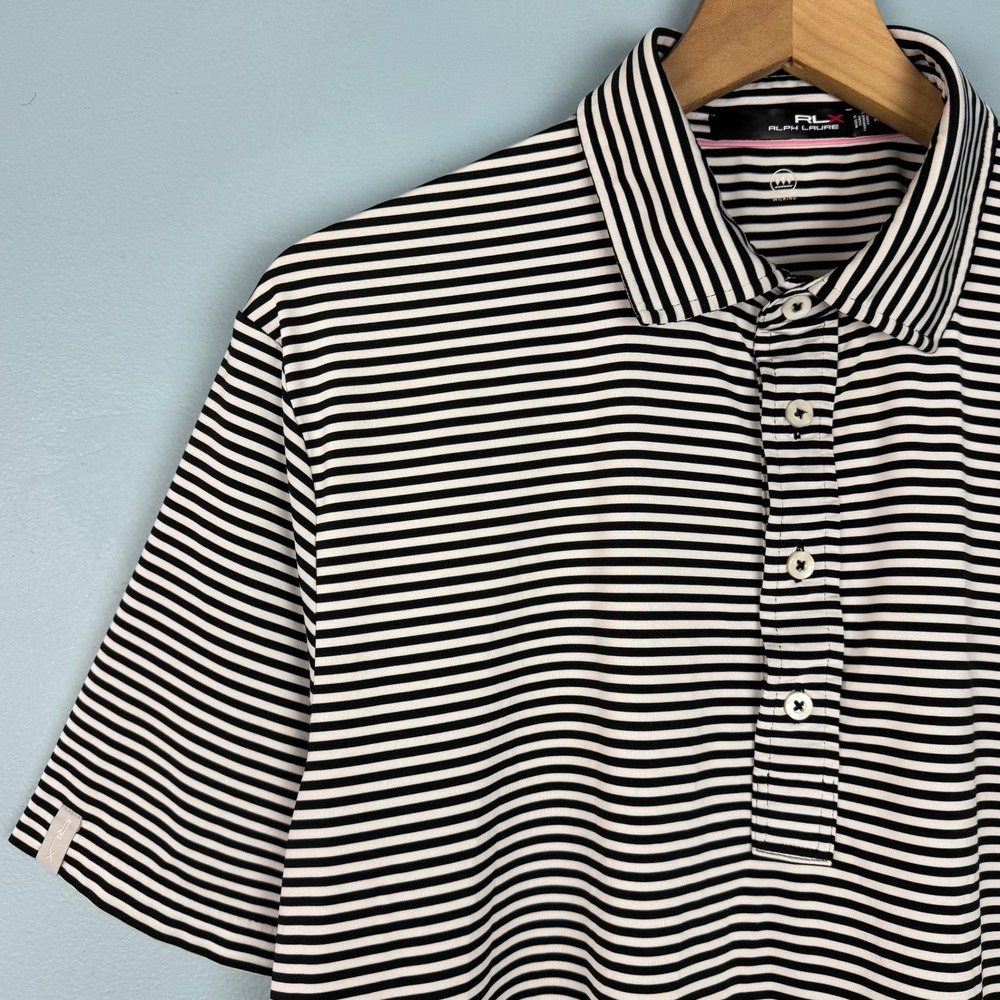 RLX Ralph Lauren Mens Medium Black White Striped Performance Golf Polo Shirt
